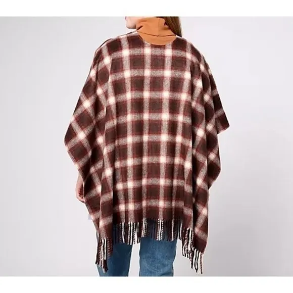 Denim & Co Heritage Plaid Cape Womens M Brown‎ White Fringe Buckle Closure - Image 2