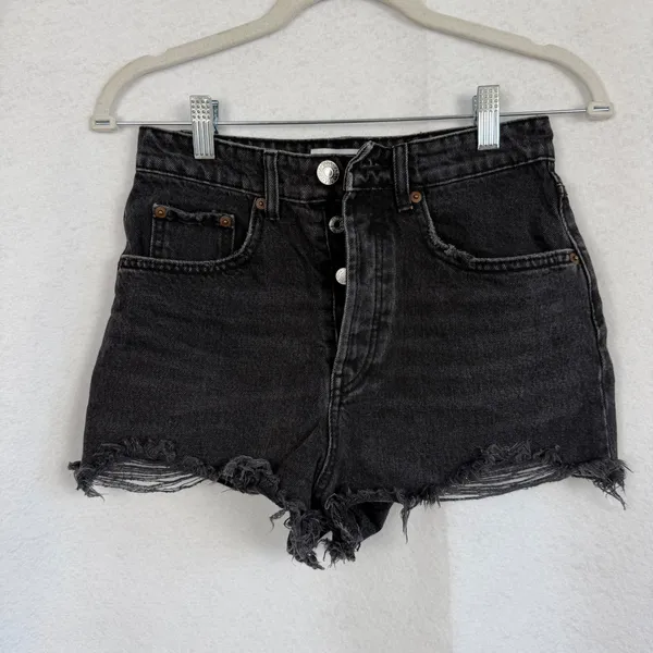 Zara Womens High Waisted Distressed Denim‎ Shorts Black Button Fly Size 2 - Image 2