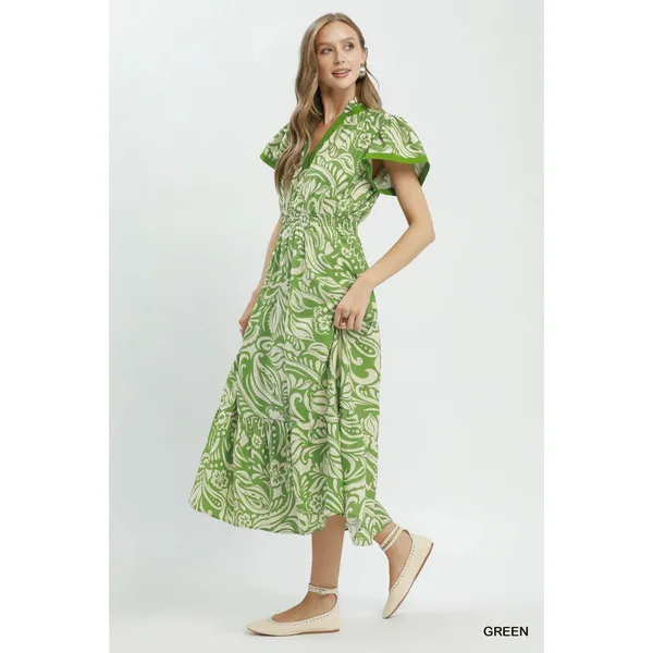 Umgee Paisley Print Midi Dress with Side Pockets - Green - Small - Image 2