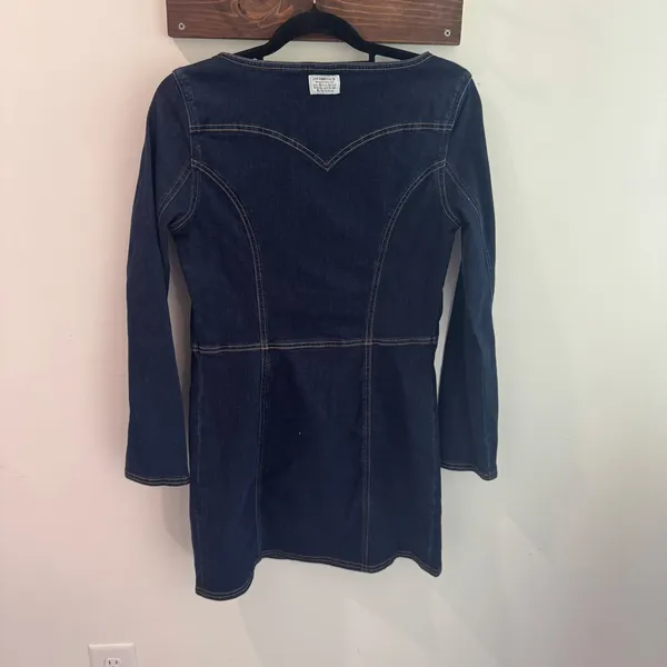 Levis Veda Denim Mini Dress Dark Wash Scoop‎ Neck Button Front Long Sleeve M - Image 7