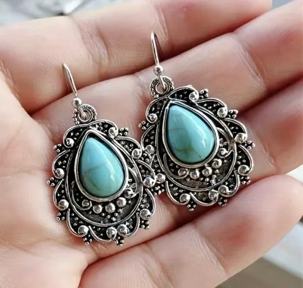 Earrings Boho Dangle Drop Silver Tone With Faux Turquoise New - Image 5