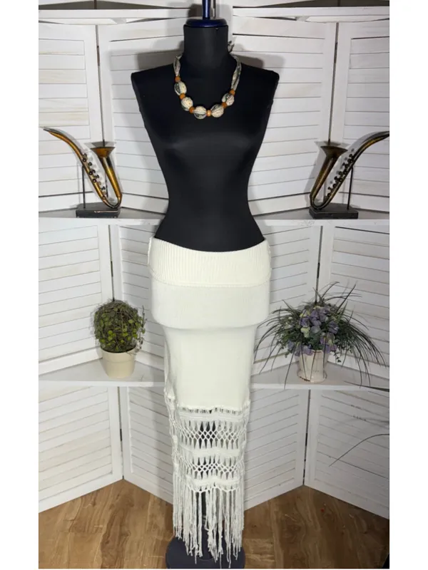 Vintage Y2K cotton knit dress strapless fringes boho coquette coastal cowgirl S - Image 6