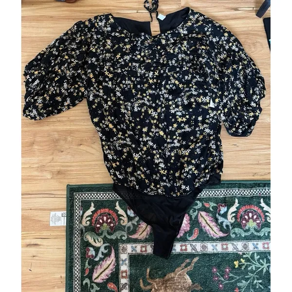 Free People Dessa Bodysuit Puff Sleeve Floral Black Combo Size S - Image 3