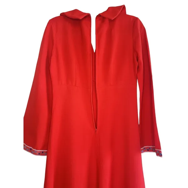 VTG 70s Handmade Red Maxi Dress Boho Embroidered‎ Disco Collar Bell Sleeve Small - Image 14