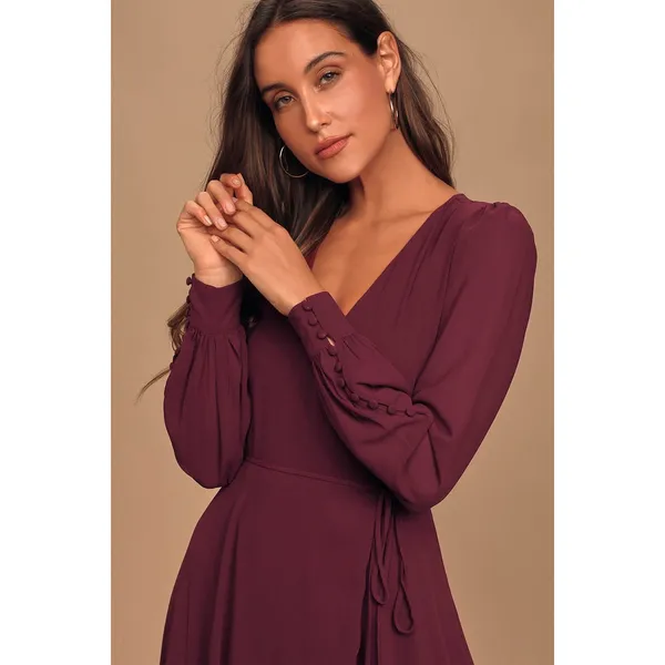 NWT Lulus My Whole Heart Plum Long Sleeve Wrap Dress Bridesmaid Gala Banquet XS - Image 7