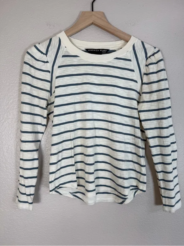 Veronica Beard Mason Baseball Tee Striped Ecru Slate XS $178 - Image 2