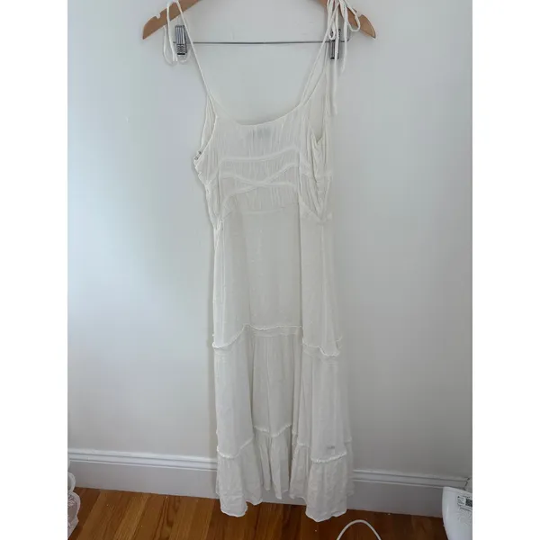 PAIGE White Swiss Dot Tiered Midi Dress Tie Straps‎ Small Wedding Bridal Summer - Image 4