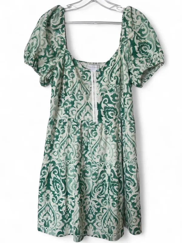 House Of Harlow 1960 Puff Sleeve Hook & Eye Linen Blend Mini Dress M Ivory/Green - Image 4