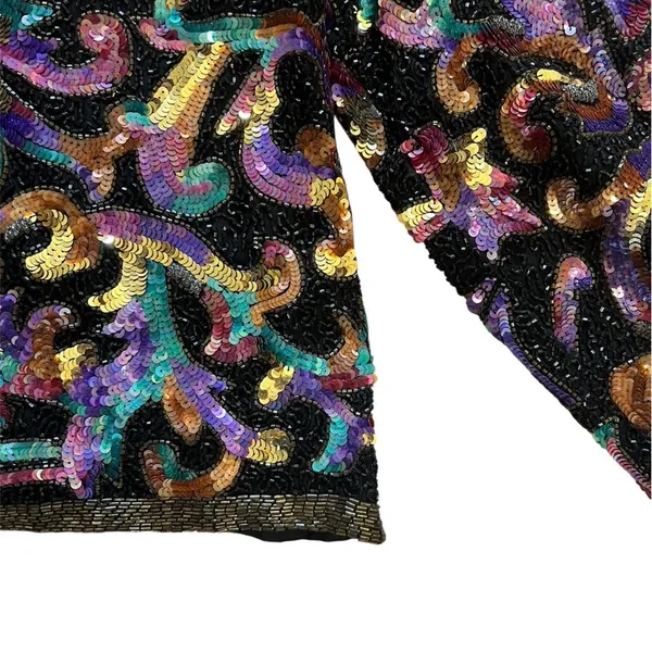 Laurence Kazar Vintage Black Multicolor Sequin Beaded Blazer | Large - Image 8
