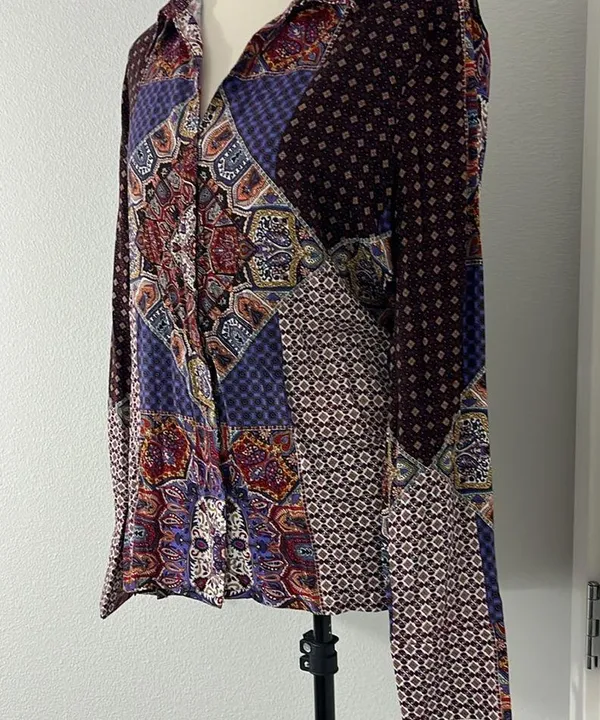 Crosby Large Purple, Red Boho Pattern 70s Button Down Long Sleeve Shirt - Image 9