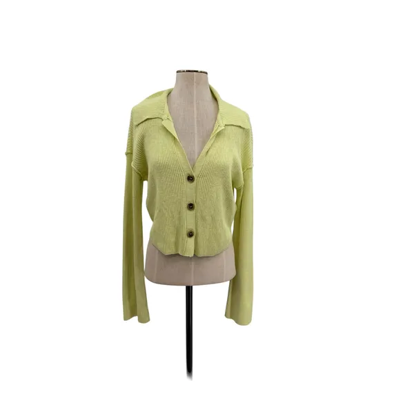 Free People Ella Cropped Cardigan Lime Green Ribbed Button Front Small‎ - Image 3
