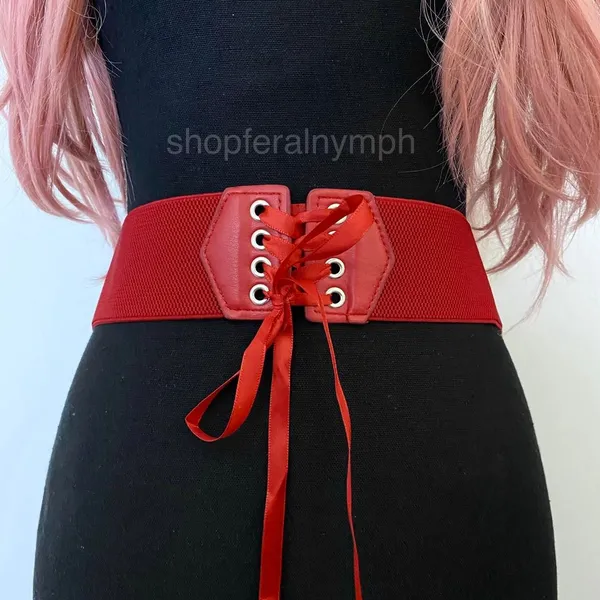 Red Y2K Lace Up Corset Stretchy Wide Waist Belt, Fits Up to 40 Inches, X7GA1309 - Image 2