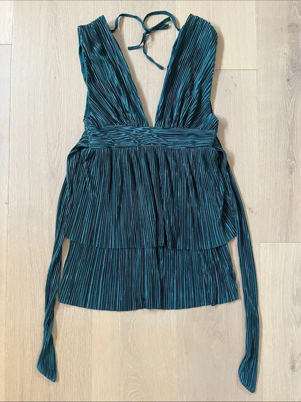 Emerald Green Plunge V-Neck Pleated Satin Mini Dress Women's Medium Large - Image 3