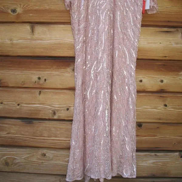 Mac Duggal Pink Size 8 Sequin Beaded Plunge Neck Long Sleeve Trumpet Gown Dress - Image 8
