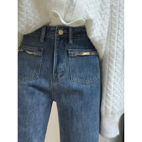 NWT‎ Women Straight Leg Jeans Blue Denim Pants Gold Pocket Detail fit Size S - Image 2