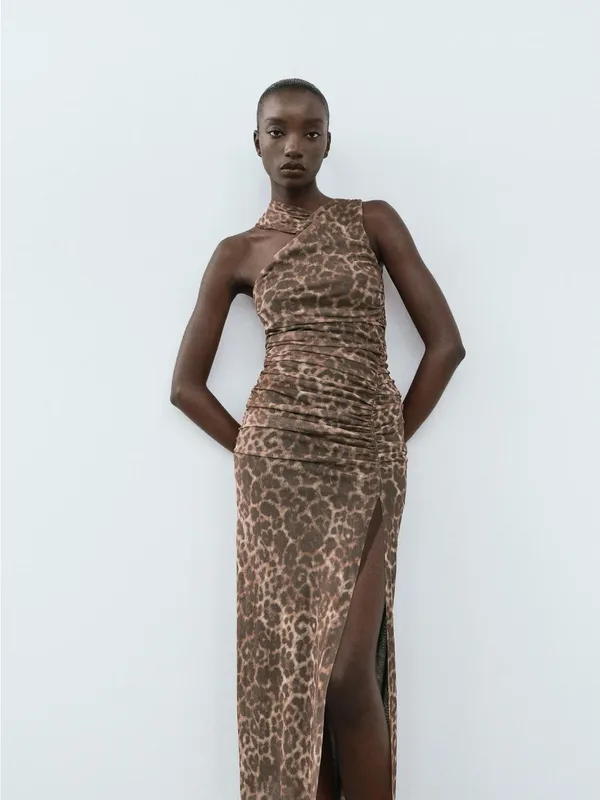 Zara One-Shoulder Leopard Print Maxi Dress - Brown - Image 4