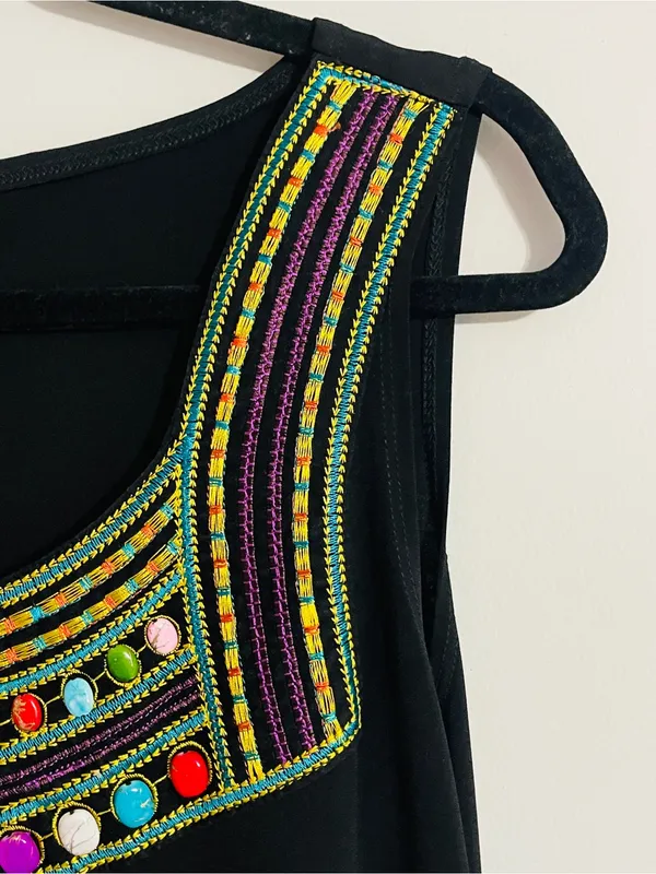 Vintage 90’s Ronni Nicole Black Boho Chic Sleeveless Mini Dress Beaded Neck Sz 8 - Image 7