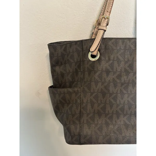 Michael Kors Jet Set Tote Bag Signature Brown Monogram Coated Canvas Preppy - Image 4