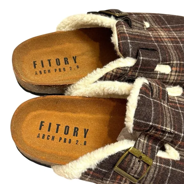 NWOT Fitory Plaid‎ Mule Slip Ons Cork Footbed Cozy Cabincore Holiday Women’s 12 - Image 9