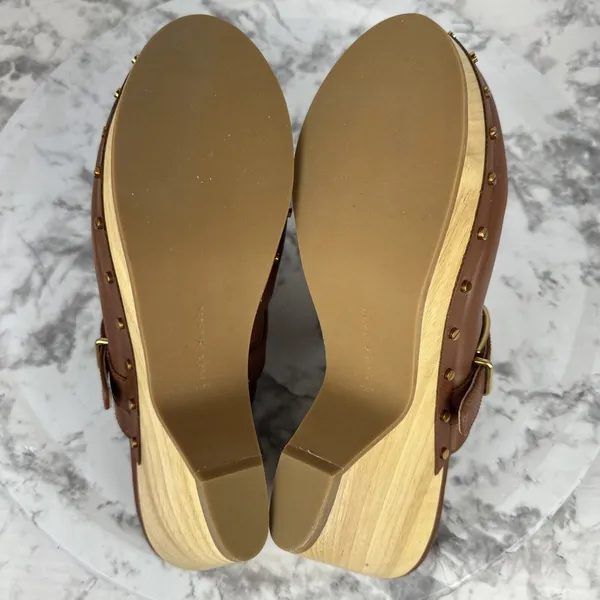 Veronica Beard Hendrix Brown Leather Platform Clogs 10.5 Wooden Block Heel Mules - Image 8
