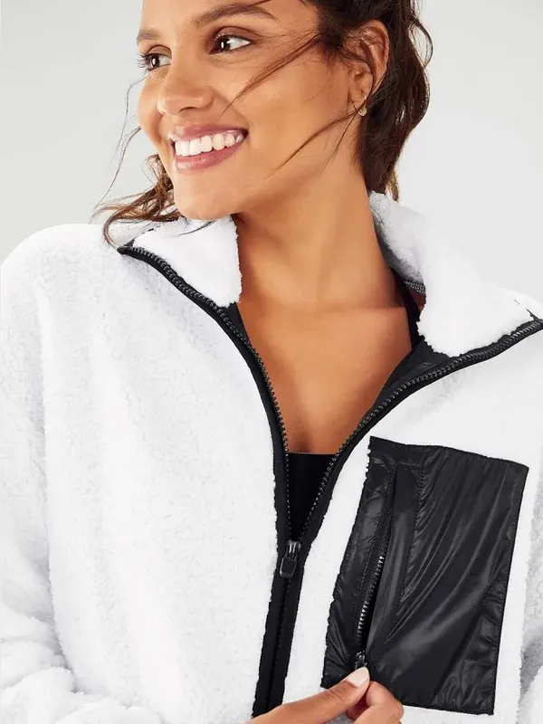 Fabletics Sherpa Teddy Fleece Jacket White Black Full Zip Cozy Athleisure Medium - Image 2