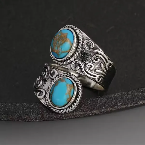 Vintage Wrap Ring Silver Plated Delicate Carving On The Surface Inlaid Turquoise - Image 5