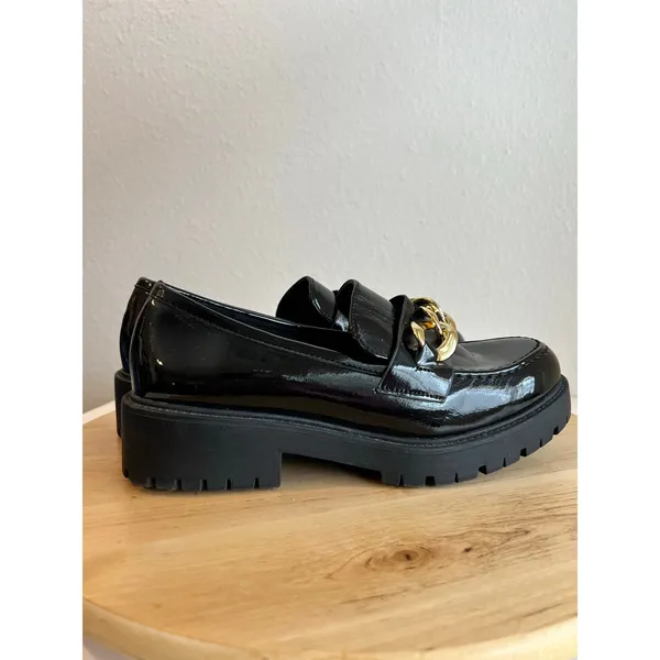 Soda Black Patent Vegan Leather Gold Chunky Chain Loafer Shoe Size 9-9.5 - Image 2