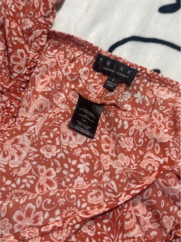 Trixx Short Sleeve Above Knee Mini Dress Red Tan Floral Womens Size L - Image 7