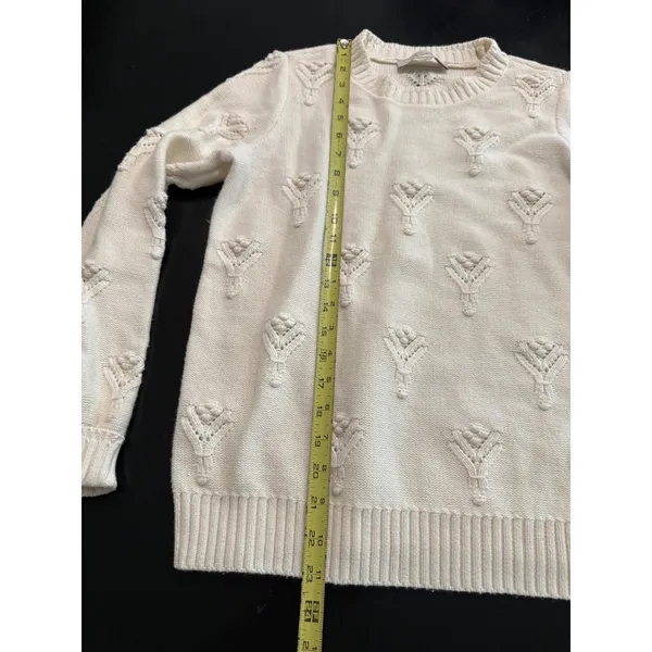 LOFT Womens Cream Textured Bobble Pointelle Knit Crewneck Sweater‎ Ivory Small - Image 2
