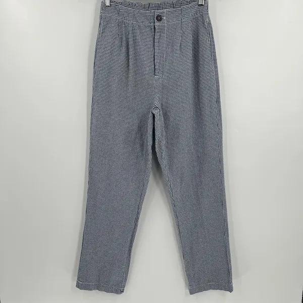 Free People Kate Gingham‎ Pants Navy White 100% Cotton Straight Leg Size Medium - Image 3