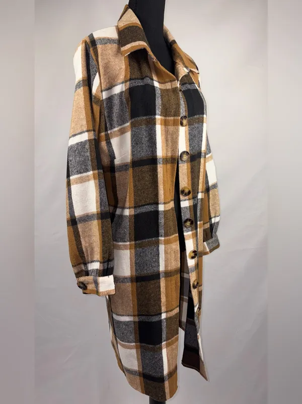 SheIn Plaid Long Coat/Jacket Shirt Camel Black White Plaid - Image 2