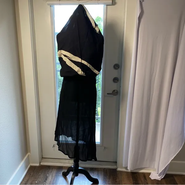 DINAH LEE Vtg Asymmetric Black Sleeveless Abstract Lined Dinner Dress Preowned - Image 8