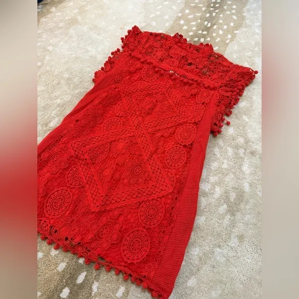 Tularosa revolve red lace pom pom shift mini dress women’s size small - Image 9