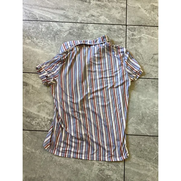 Born Womens Pajama Top Small Blue Orange Striped Button Down Short Sleeve Sleep - Image 6