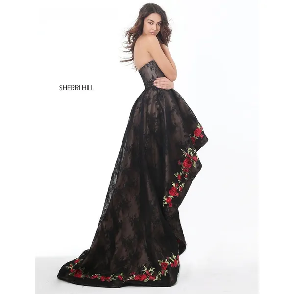 Sherri Hill 51252 Black Lace‎ Floral Embroidered High Low Gown Size 0 New! - Image 2