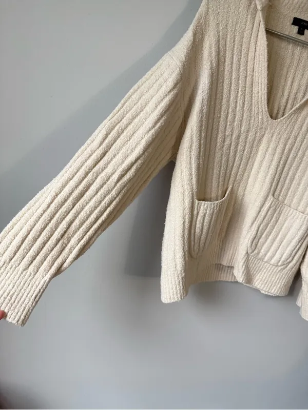 J. Crew Cozy Cream V-Neck Hooded Sweater with Pockets Ribbed Beige Cream Size M - Image 3
