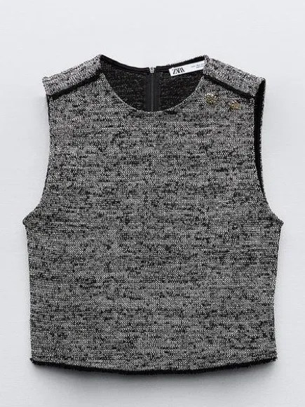 Zara Jacquard‎ Structured Gray Black Tweed Top - Image 8