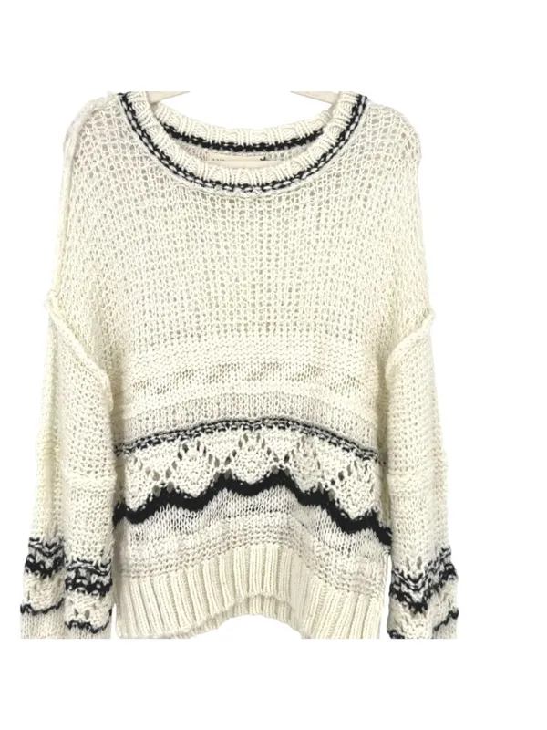 Saltwater Luxe Open Knit Sweater Cream Black Size XL Rustic Coastal Boho Chic - Image 2