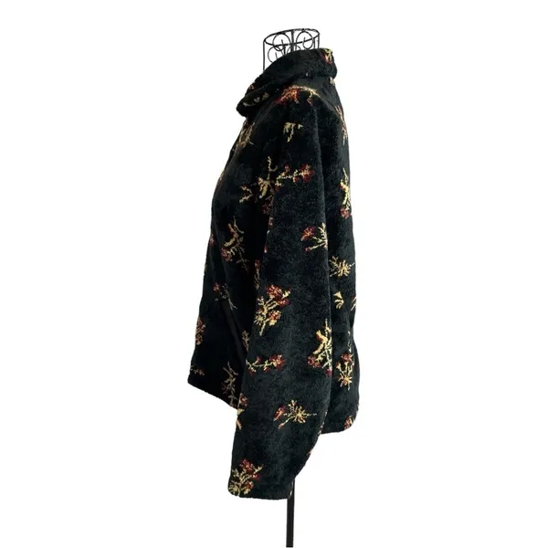 VTG Black Diamond Sherpa Fleece Botanical Floral Print Jacket Black Size Small - Image 5