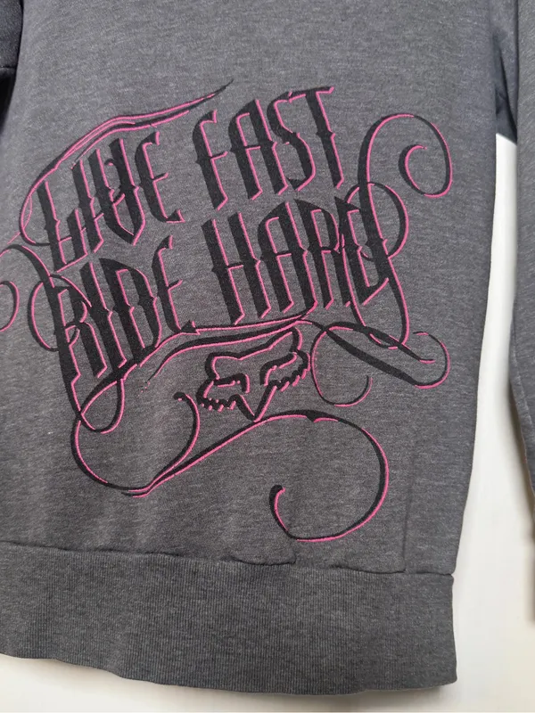 Fox Gray Hoodie with Pink & Black Graphic Womens Small Vintage Dirtbike Riding - Image 7