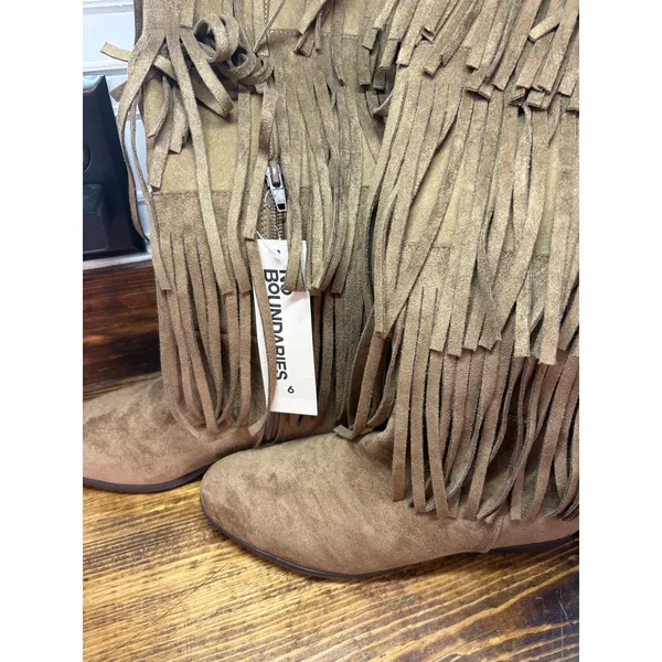 No Boundaries Tan Tall Faux Suede Fringe Boots Size 6 - Image 3