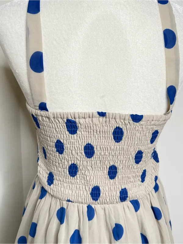 Lottie & Holly Polka Dot Fit & Flare Dress Size 8 Beige Blue Criss Cross Straps - Image 6