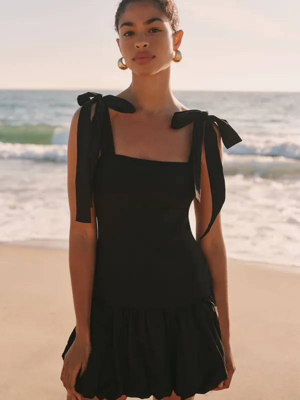 NWT Anthropologie Black Cotton Tie Strap Bubble Hem Drop Waist Mini Dress Size M - Image 4