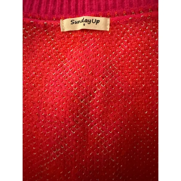 Sunday Up Pink Orange Argyle Cardigan Small Metallic Silver Trim Cropped - Image 8