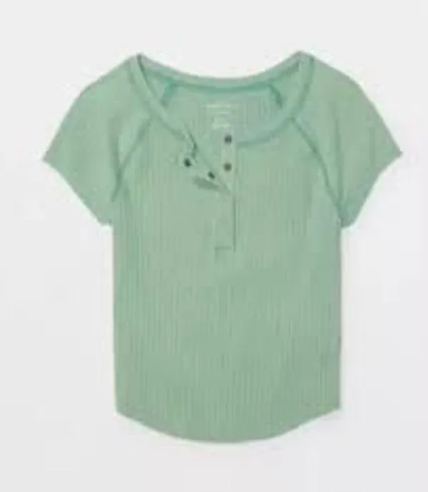 AMERICAN EAGLE Hey Baby Cropped Henley Tee Size Medium M Green - Image 3