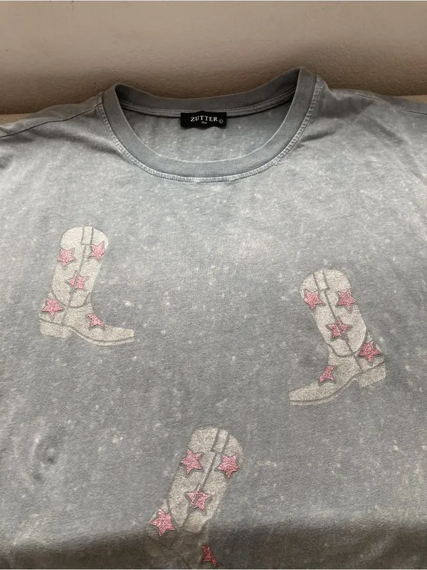Zutter USA Cowboy Boots Pink Sparkle Star Graphic Tee Gray Size L - Image 8