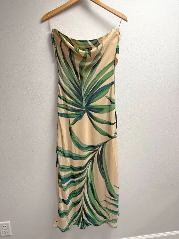 *NEW* Dress Forum Beige Palm Leaf Print Strapless Chiffon Maxi Dress - Image 3