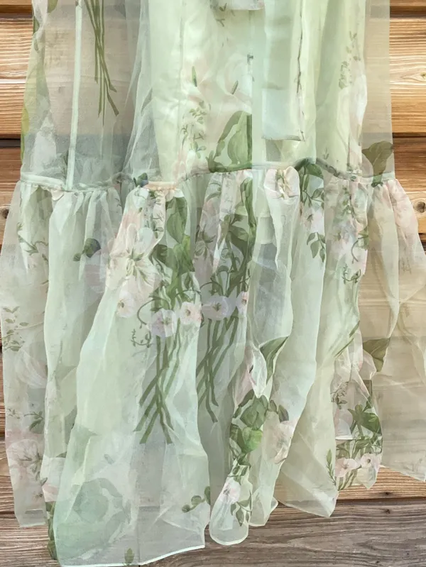 CAARA Melody Size M Green Floral Tie Neck Ruffle Hem Gown Dress Few Moda - Image 11