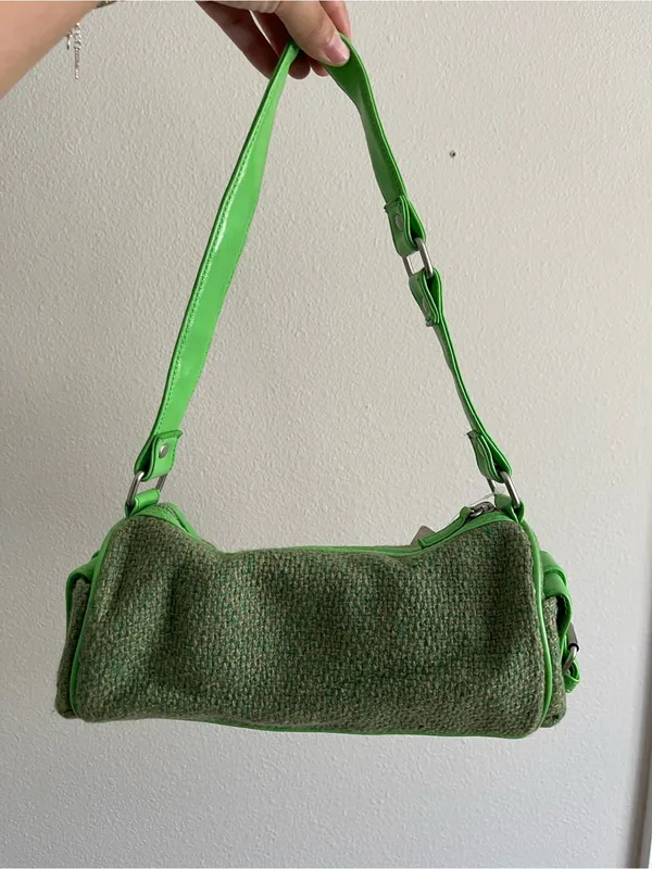 Green Tweed Shoulder Bag with Lime Trim - Image 2