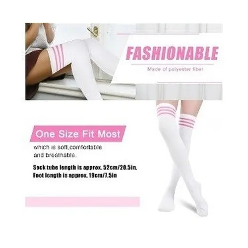 White with 3 Pink Stripes Over the Knee Tall Socks ONE SIZE School Girl NEW - Image 3